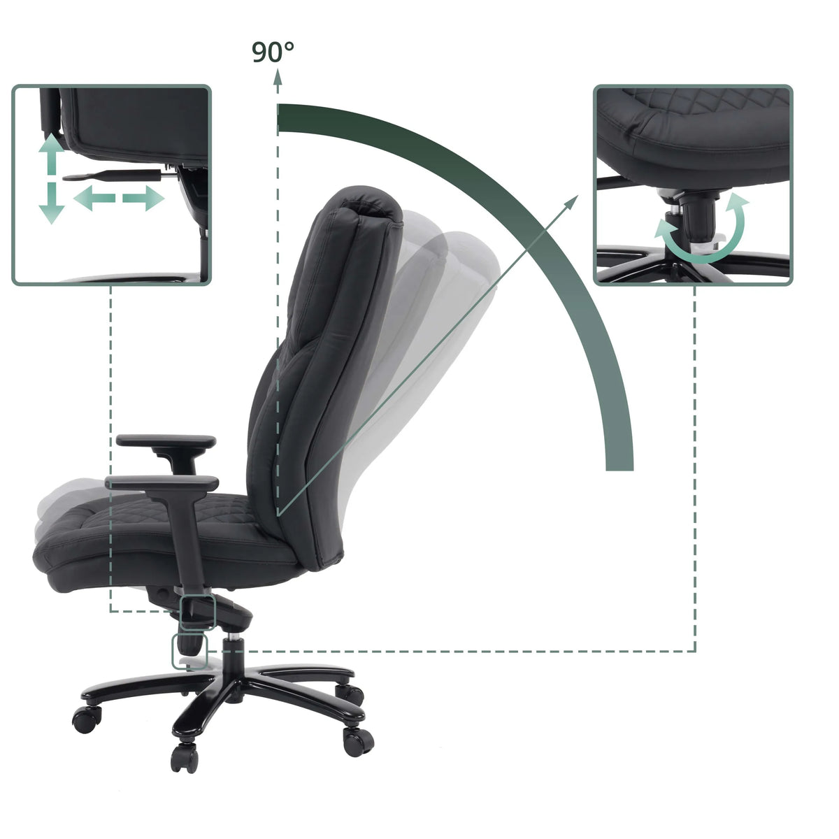 Verstellbare Rückenlehne bis 90 Grad und Armlehnen des Drehstuhls XXL Pullmann Gen2 von hjh OFFICE