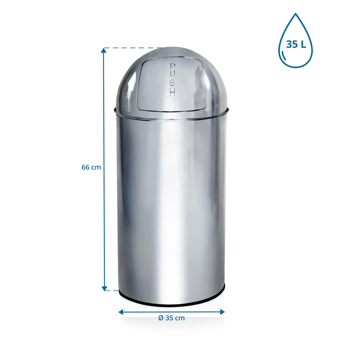 Maßzeichnung des Mülleimers PUSH 35L mit 66 cm Höhe und 35 cm Durchmesser von hjh OFFICE