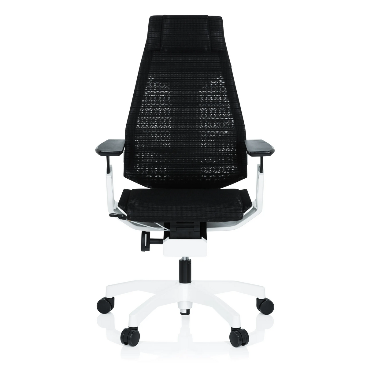 Schwarzer High-End-Bürostuhl GENIDIA PRO WHITE mit Netzrücken und weißem Fußkreuz mit fünf Rollen von hjh OFFICE – 360-Grad-Ansicht (Frontansicht 0°)