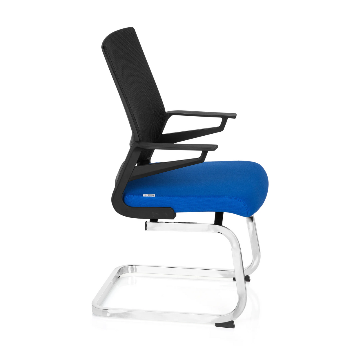 Blau-schwarzer Freischwinger INVENTOR V mit Netzrücken und Armlehnen von hjh OFFICE – 360-Grad-Ansicht (Seitenprofil 80°)