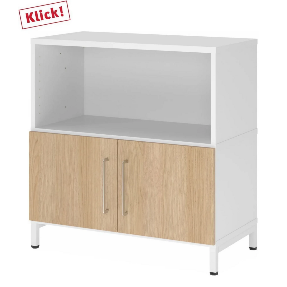 Sideboard FlexWall in Weiß und Eiche mit offenem Fach und zwei Türen auf weißem Sockelgestell von hjh OFFICE PRO
