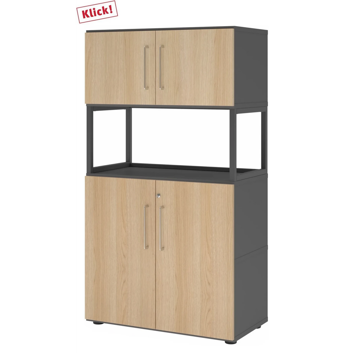 Aktenschrank FlexWall in Graphit und Eiche mit zwei Türbereichen sowie offenem Mittelregal von hjh OFFICE PRO