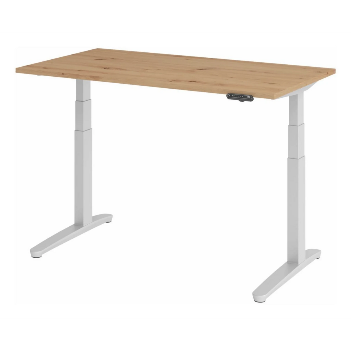 Elektrisch höhenverstellbarer Schreibtisch XBHM 14 SS in Asteiche mit weißem Gestell und Steuerfeld von hjh OFFICE PRO