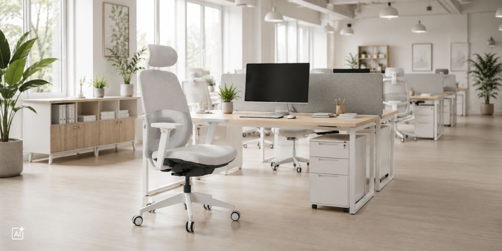 Ein modernes, helles Großraumbüro in Beige-Tönen