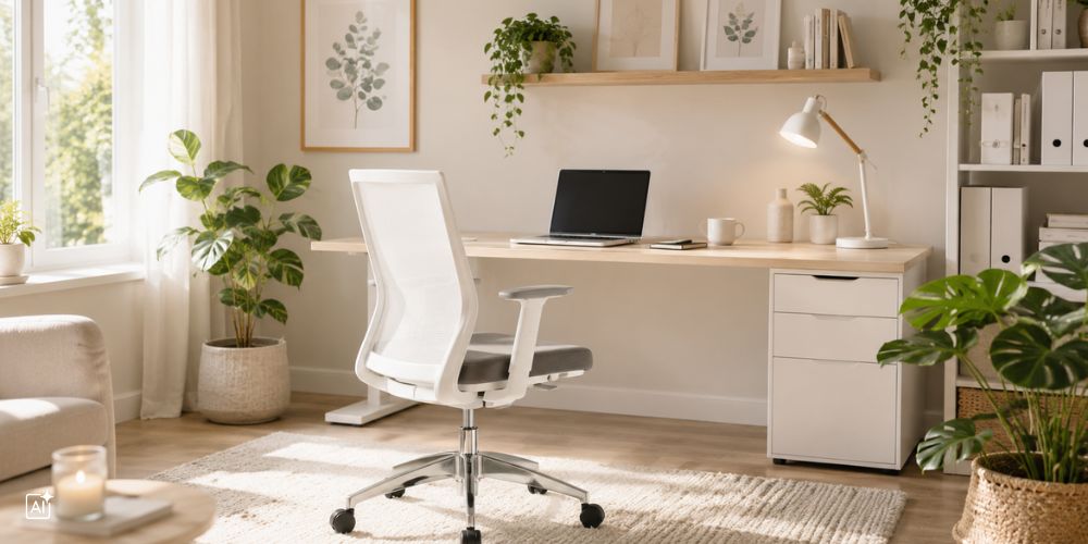 Ein weißer Bürostuhl steht in einem modernen Homeoffice