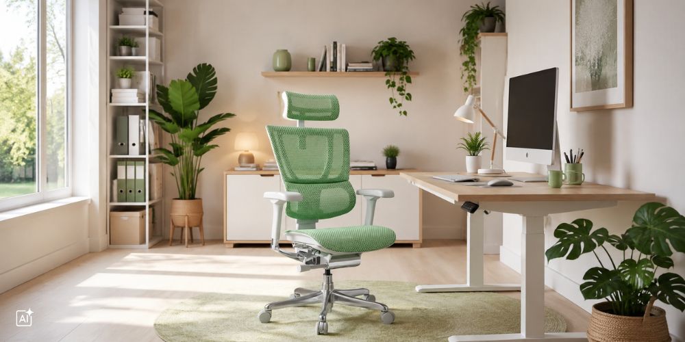 Ein grüner Bürostuhl steht in einem hellen, modernen Homeoffice