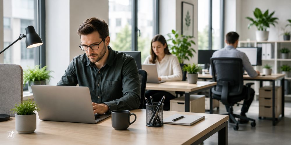 Ein Mann arbeitet sehr konzentriert im Büro