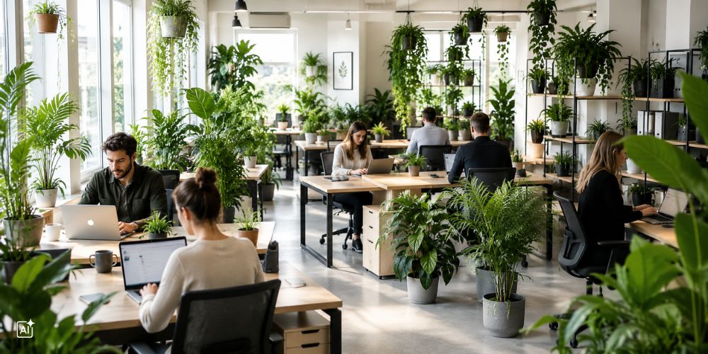 Menschen arbeiten in einem Großraumbüro voller Pflanzen