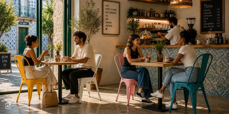 Ein Café mit Vantaggio Stühlen und Menschen, die darauf ihren Kaffee genießen