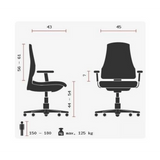Technische Zeichnung des Profi-Bürostuhls ZERO 35 AL mit einer maximalen Belastung von 125 kg von Sitwell Steifensand