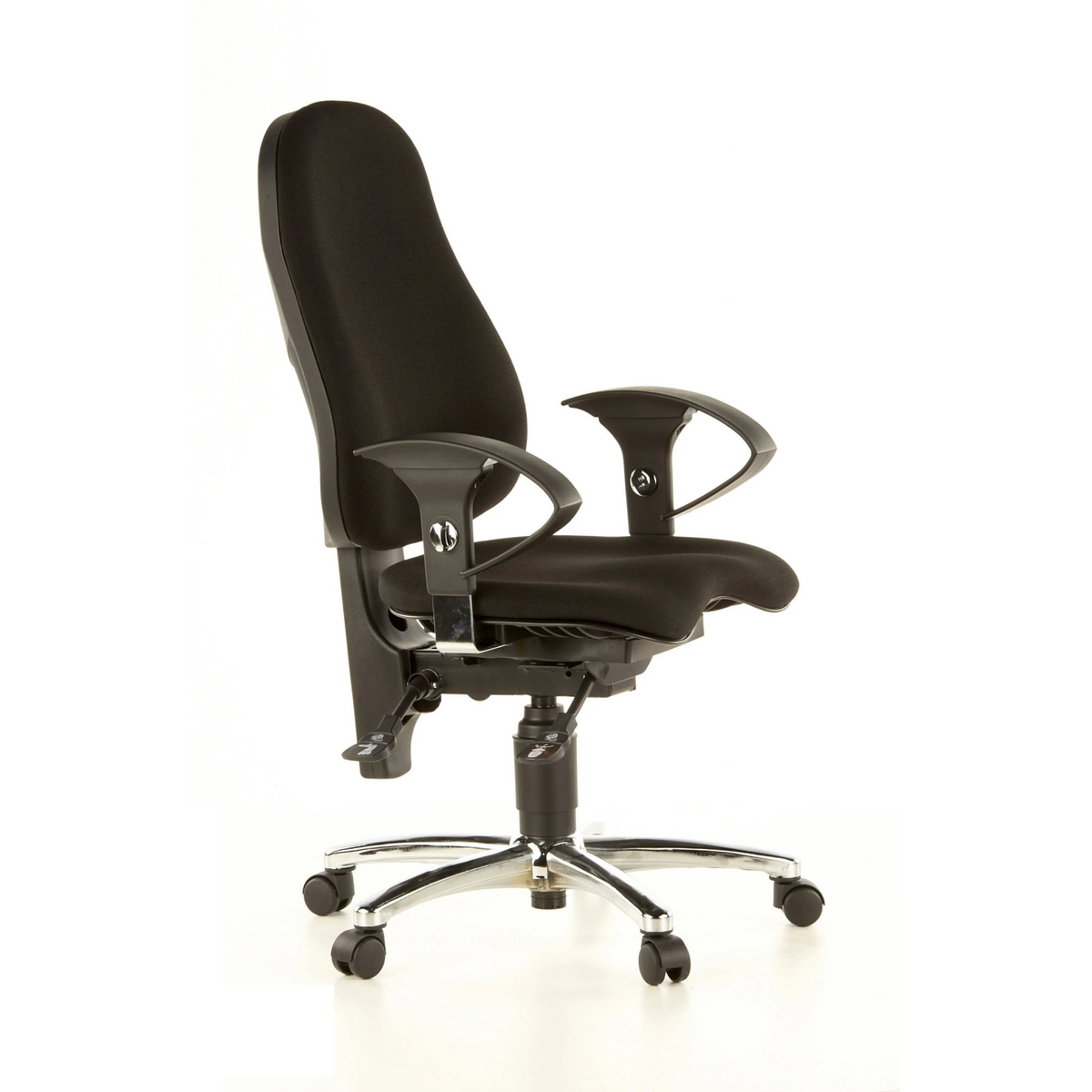 Schwarzer Profi-Bürostuhl SITNESS 10 mit Armlehnen und Fußkreuz mit fünf Rollen von Topstar – 360-Grad-Ansicht (schräge Frontansicht 60°)