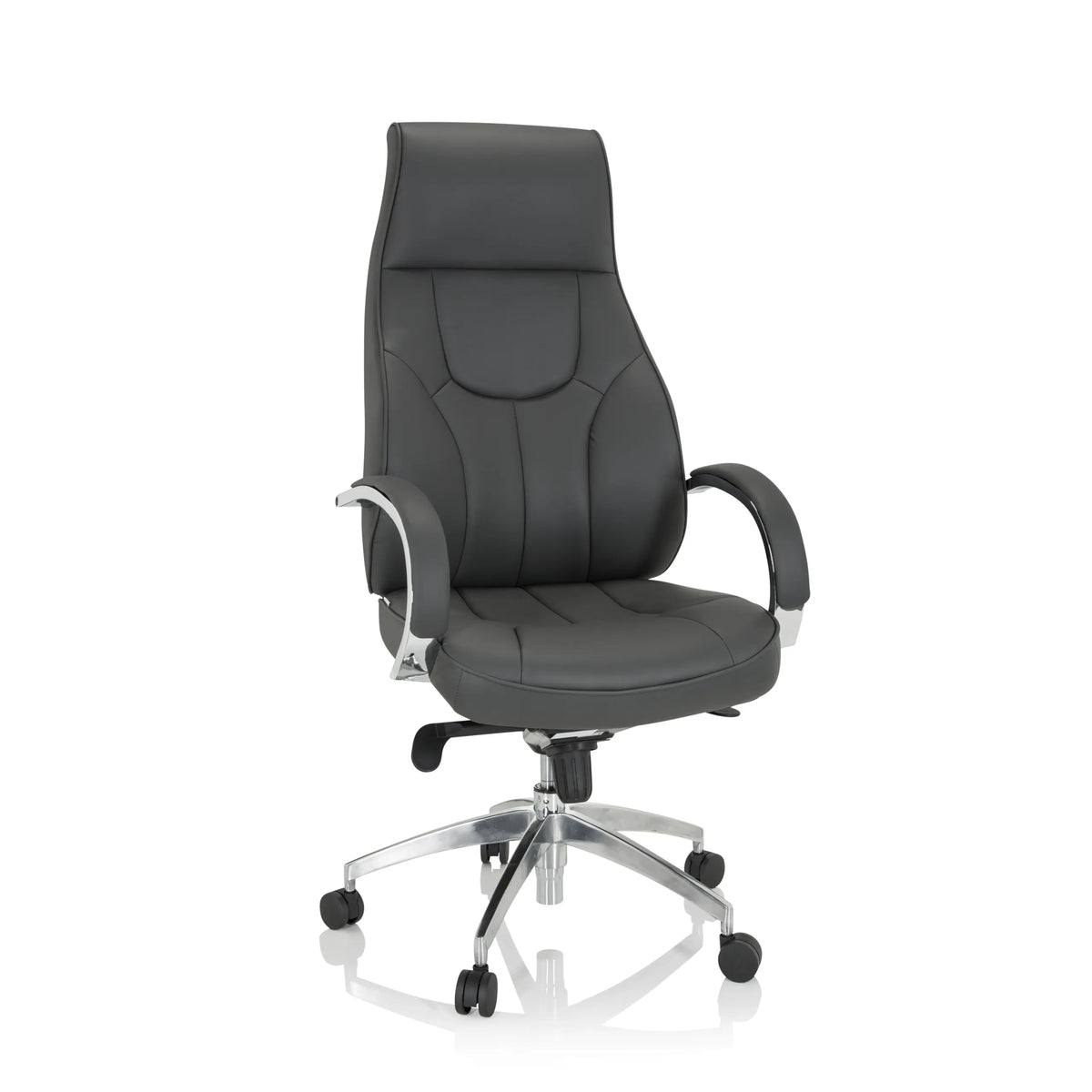 Grauer Profi-Chefsessel ELEGANCE I mit Armlehnen und glänzendem Fußkreuz mit fünf Rollen von hjh OFFICE – 360-Grad-Ansicht (Frontansicht 20°)