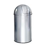 Chromfarbener Mülleimer PUSH 50L mit Push-Deckel und zylindrischem Korpus von hjh OFFICE – 360-Grad-Ansicht (schräge Rückenansicht 120°)