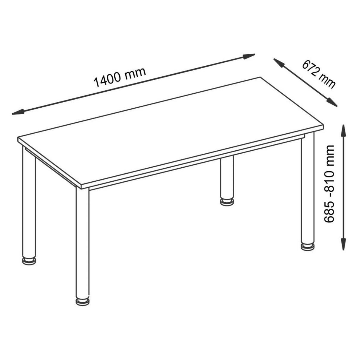 Maßzeichnung des Schreibtisches HILO 614 S mit Länge 1400 mm, Tiefe 672 mm und Höhe 685-810 mm von hjh OFFICE PRO