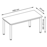 Maßzeichnung des Schreibtisches HILO 614 S mit Länge 1400 mm, Tiefe 672 mm und Höhe 685-810 mm von hjh OFFICE PRO