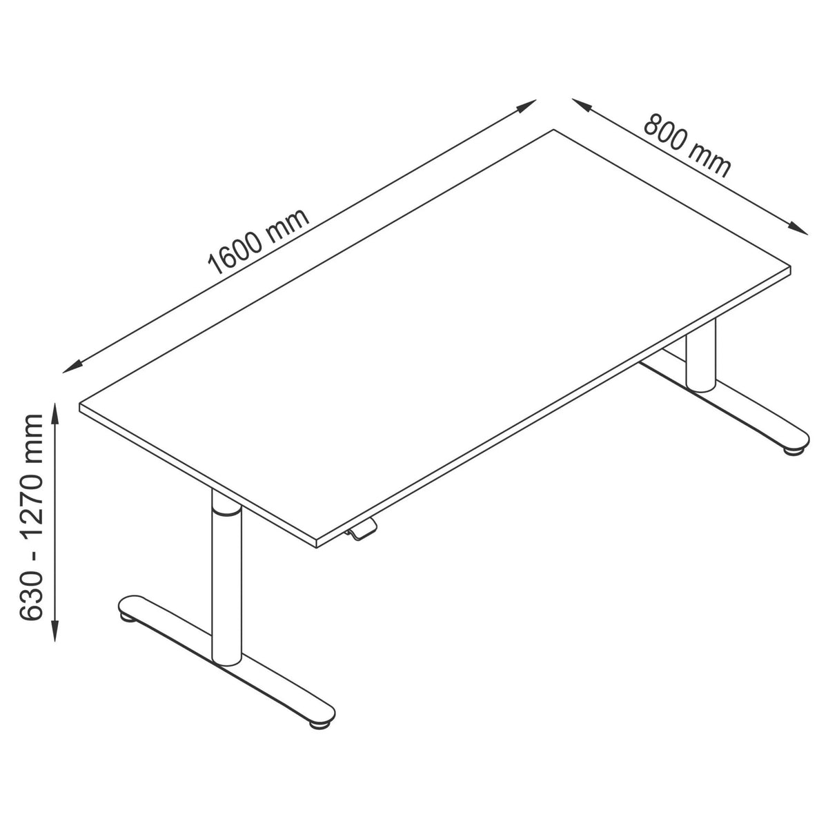 Technische Zeichnung des Schreibtischs XDLR 16 S mit 1600 × 800 mm von hjh OFFICE PRO