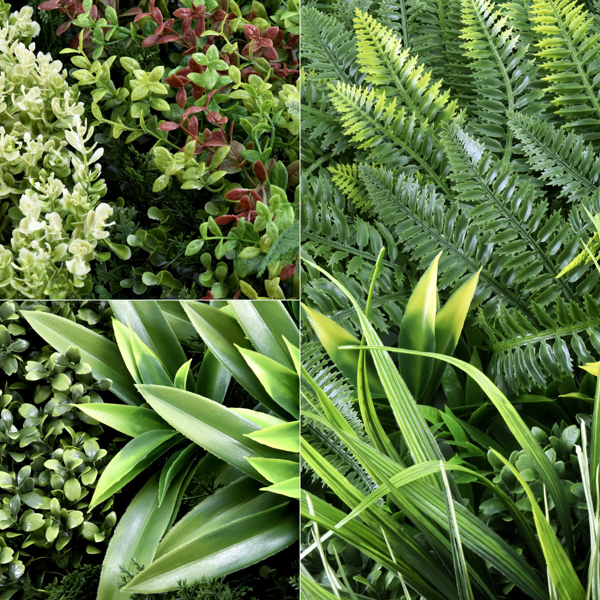 Verschiedene Blattstrukturen der grünen Pflanzenmatte LEAFLUXE 3D von hjh LIVING