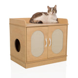 Katzenhaus KITTYHOME 2 in Buche-Optik mit zwei Türen, seitlichem Eingang und einer Katze auf der Oberfläche von hjh LIVING