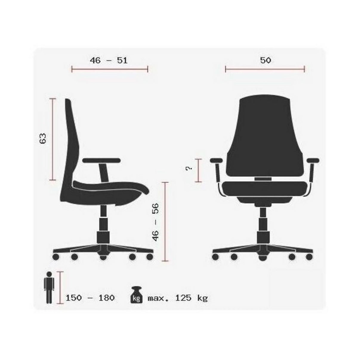 Technische Zeichnung des Profi-Bürostuhls ZERO M15 AL mit einer maximalen Belastbarkeit von 125 kg von Sitwell Steifensand