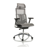 Hellgrauer High-End-Bürostuhl POFIT GEN2 mit Netzrücken und Fußkreuz mit fünf Rollen von hjh OFFICE – 360-Grad-Ansicht (schräge Frontansicht 30°)