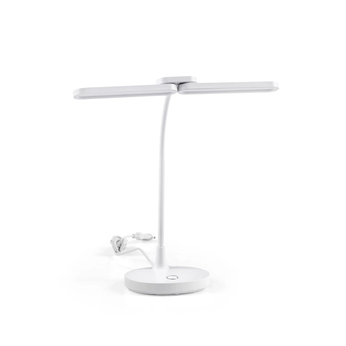 Weiße Schreibtischlampe Lumanova D6 mit T-förmigem Lampenkopf und rundem Standfuß von hjh OFFICE – 360-Grad-Ansicht (Frontansicht 15°)