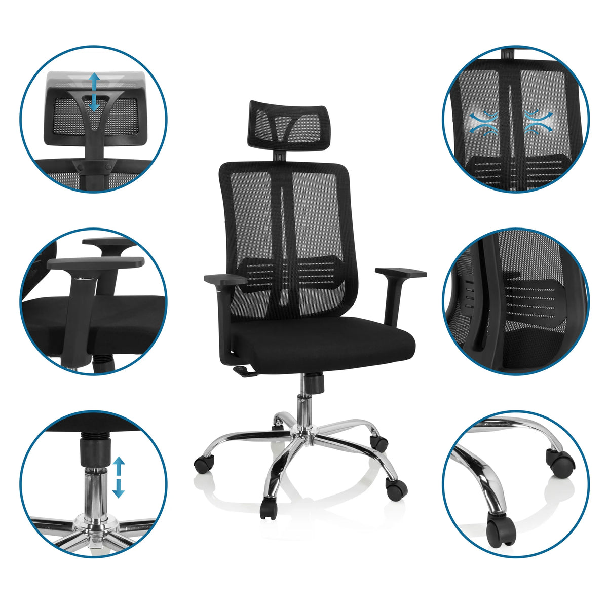 Home-Office-Bürostuhl ZH 200 in Schwarz mit verstellbarer Kopfstütze und Gasfeder von hjh OFFICE