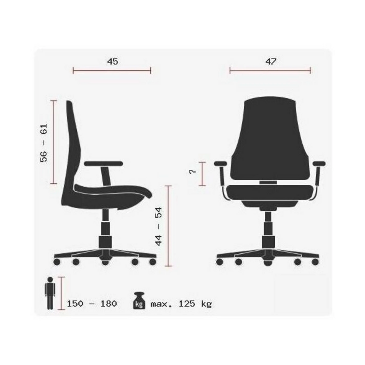 Technische Zeichnung des Profi-Bürostuhls ZERO 30 AL mit einer maximalen Belastbarkeit von 125 kg von Sitwell Steifensand