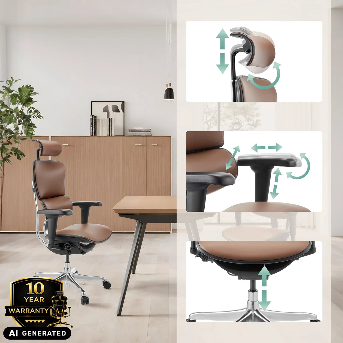 Verstellbare Funktionen des braunen Luxus-Chefsessels ERGOHUMAN ULTRA L GEN2 von hjh OFFICE (KI-generiertes Bild)