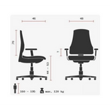 Technische Zeichnung des Profi-Chefsessels HIGH SIT UP mit einer maximalen Belastung von 120 kg von Topstar