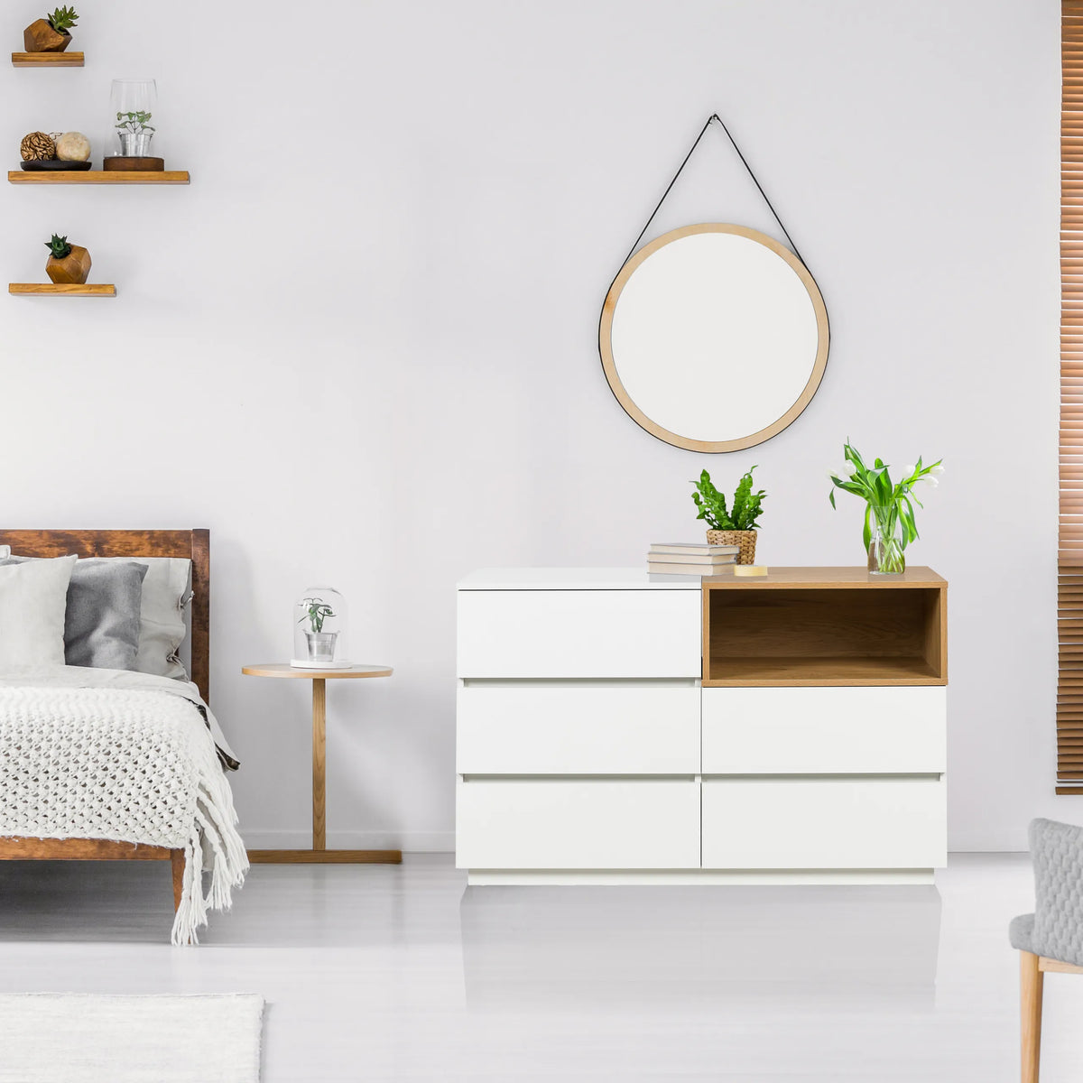 Sideboard MELMO S in Weiß und Eiche mit drei Schubladen und einem offenen Fach von hjh LIVING