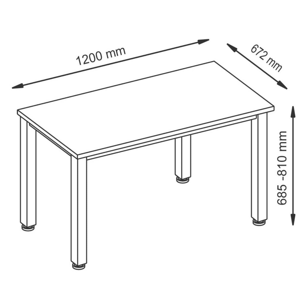 Maßzeichnung des Schreibtischs QUEO 612 S mit den Maßen 1200 x 672 mm und einer Höhe von 685-810 mm von hjh OFFICE PRO