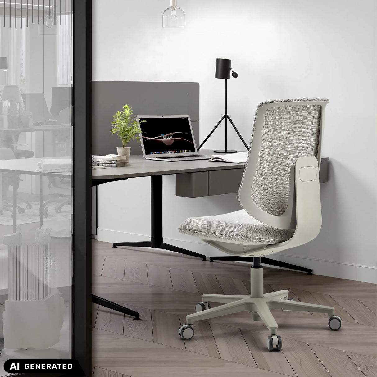 Homeoffice-Bürostuhl Sitflex Lady in Taupe an einem Schreibtisch von hjh OFFICE (KI-generiertes Bild)