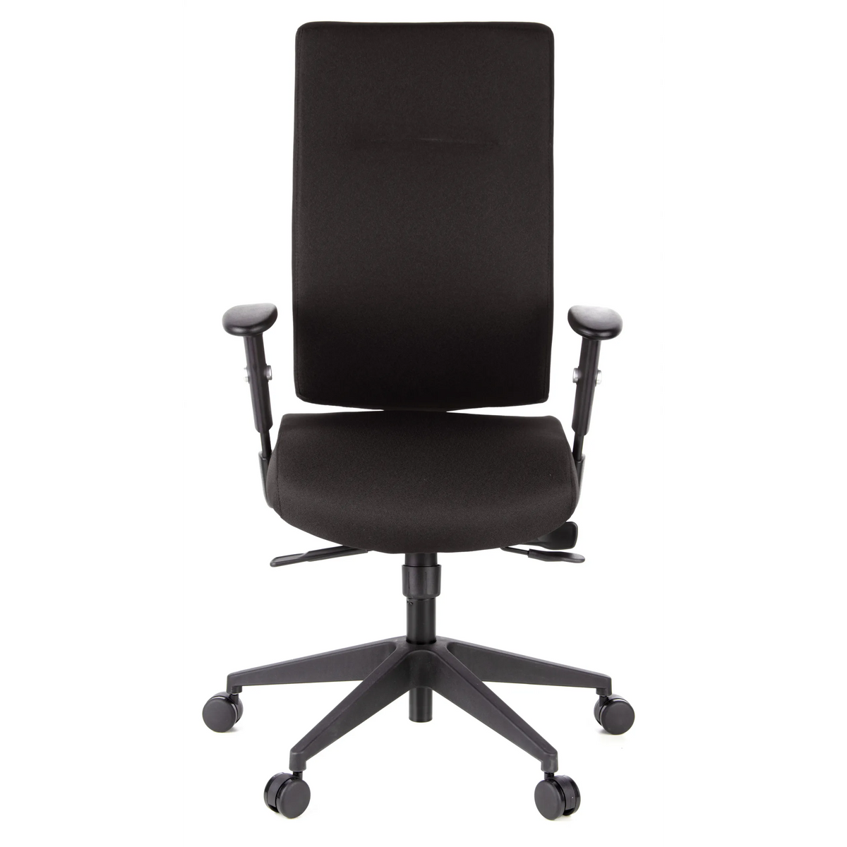 Schwarzer Profi-Bürostuhl PRO-TEC 300 mit Armlehnen und einem Fußkreuz mit fünf Rollen von hjh OFFICE – 360-Grad-Ansicht (Frontansicht 0°)