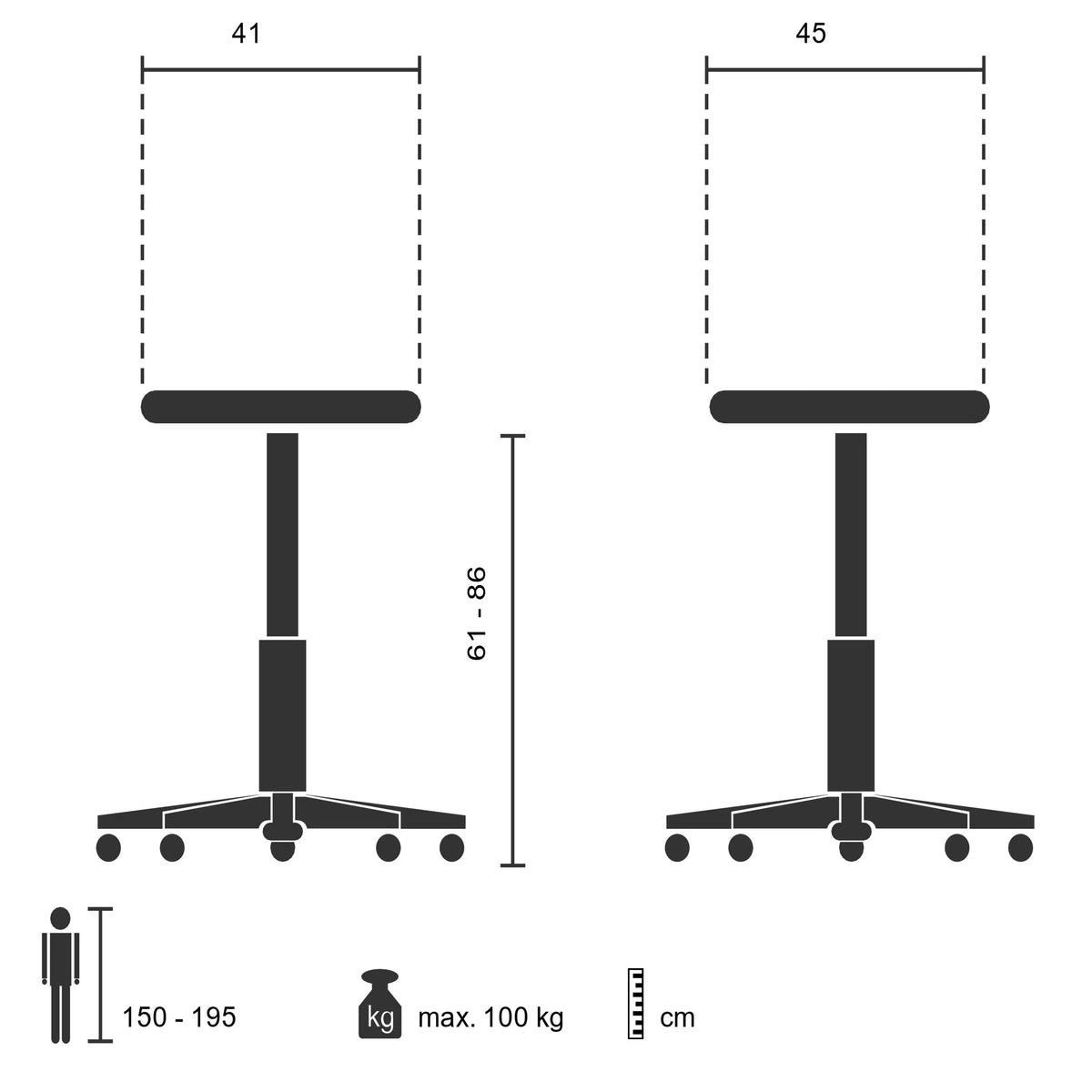 Technische Zeichnung des Counterstuhls TOP WORK 23 mit einer Sitzhöhe von 61–86 cm von hjh OFFICE