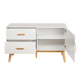 Weißes Sideboard TAROLO mit zwei Schubladen, einem Fach mit offener Tür und Holzbeinen von hjh LIVING