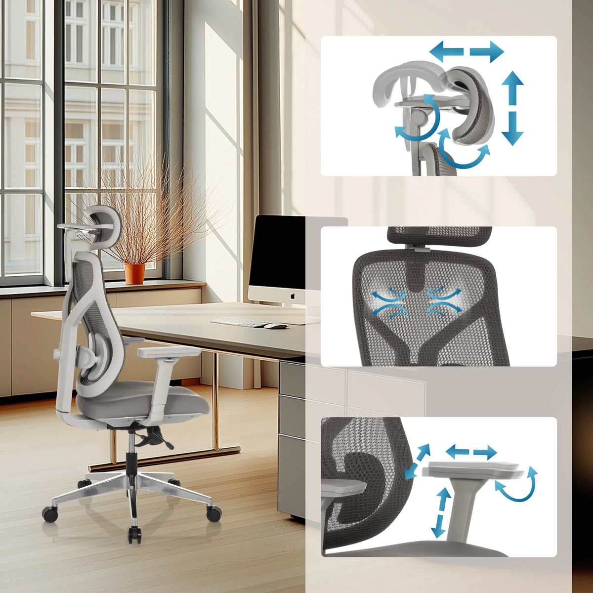 Verstellbare Kopfstütze, Lendenwirbelstütze und Armlehnen des High-End-Bürostuhls CASSILIS W von hjh OFFICE