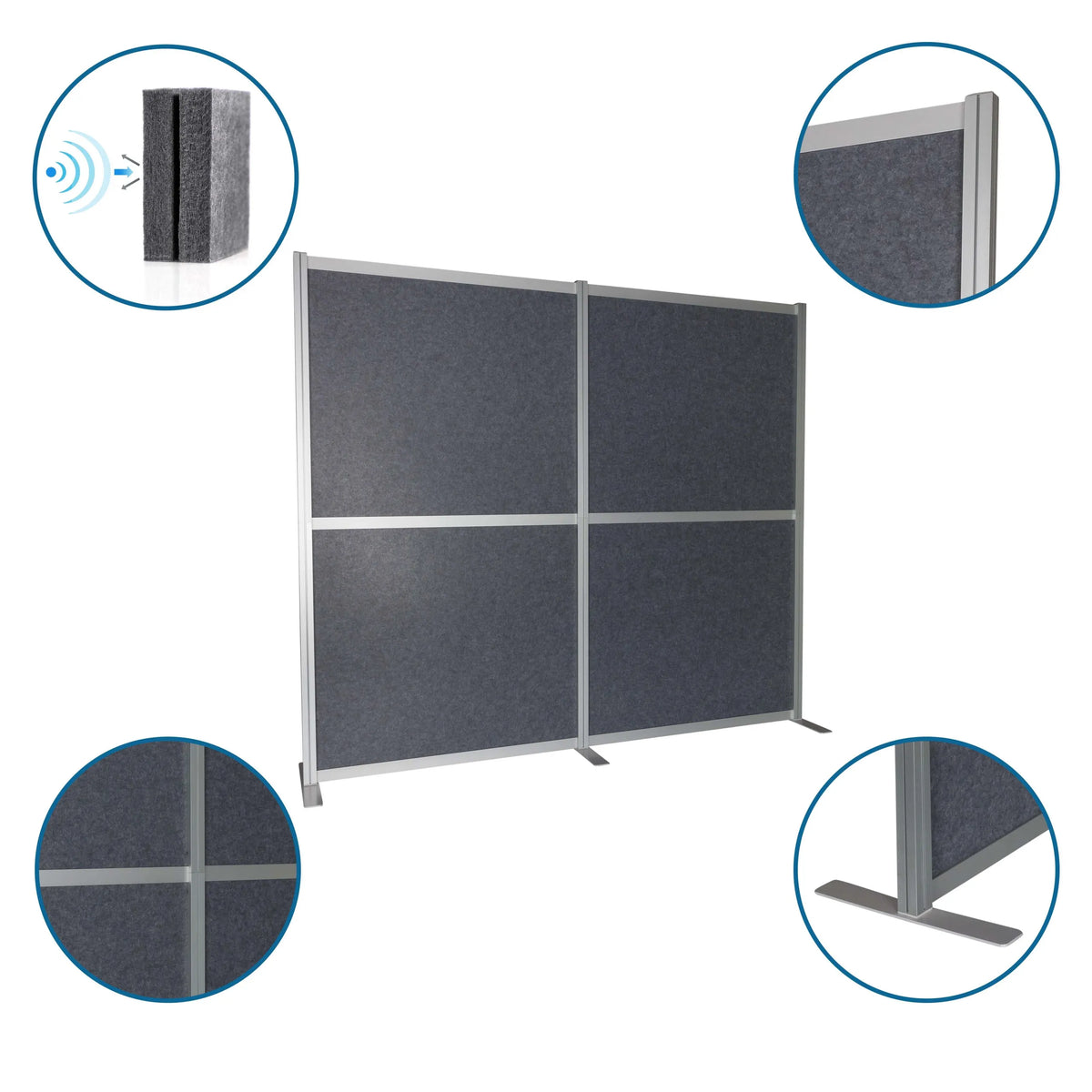 Graue Trennwände FLEXMIUT MODUL mit Aluminiumrahmen, T-Fuß und schallabsorbierender Füllung von hjh OFFICE