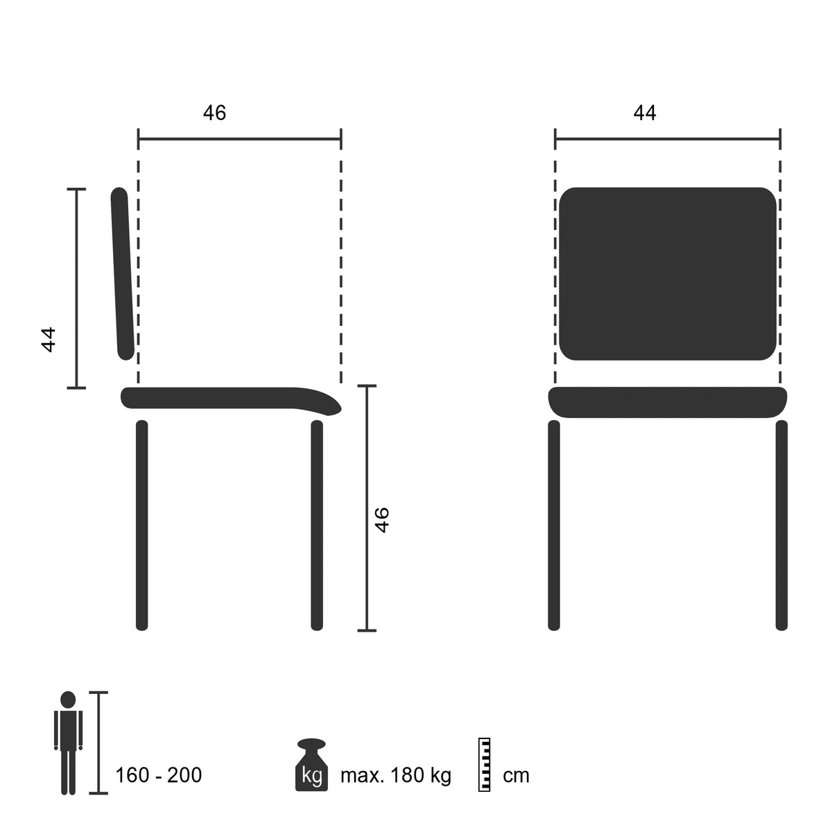 Technische Zeichnung des Vierfußstuhls K9 V PRO mit einer maximalen Belastbarkeit von 180 kg von hjh OFFICE