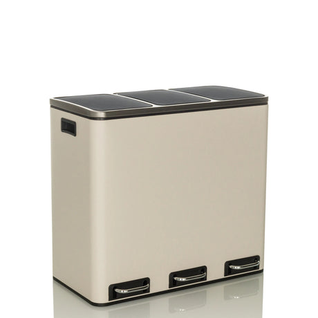 Beiger Mülleimer Clean 9 mit drei Fächern und silberfarbenen Trittpedalen von hjh OFFICE