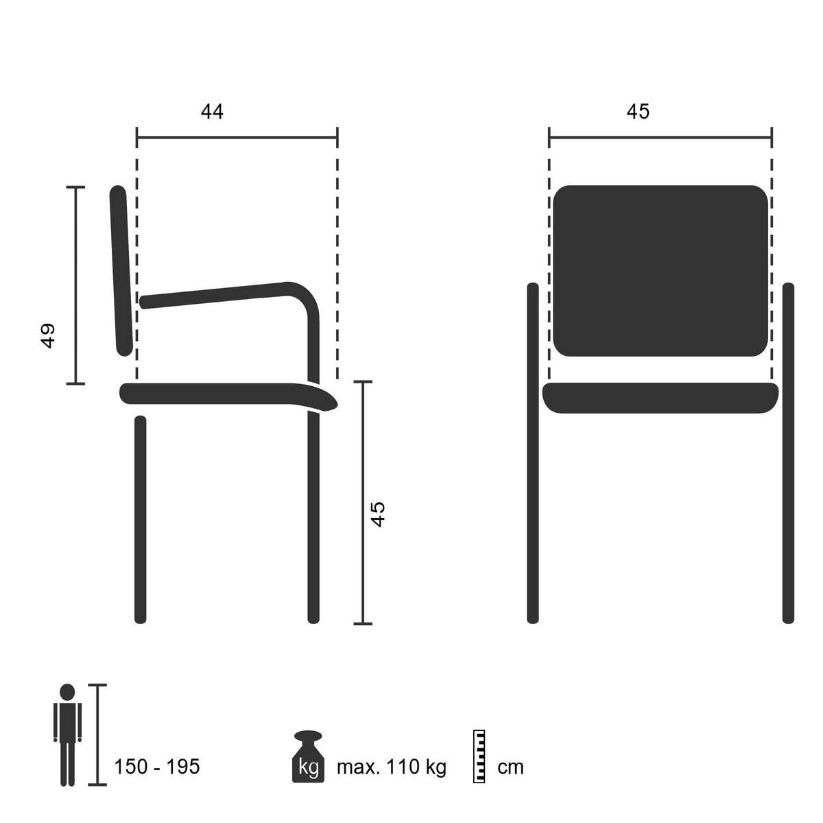 Technische Zeichnung des Besucherstuhls BANDA V mit einer Sitzhöhe von 45 cm von hjh OFFICE