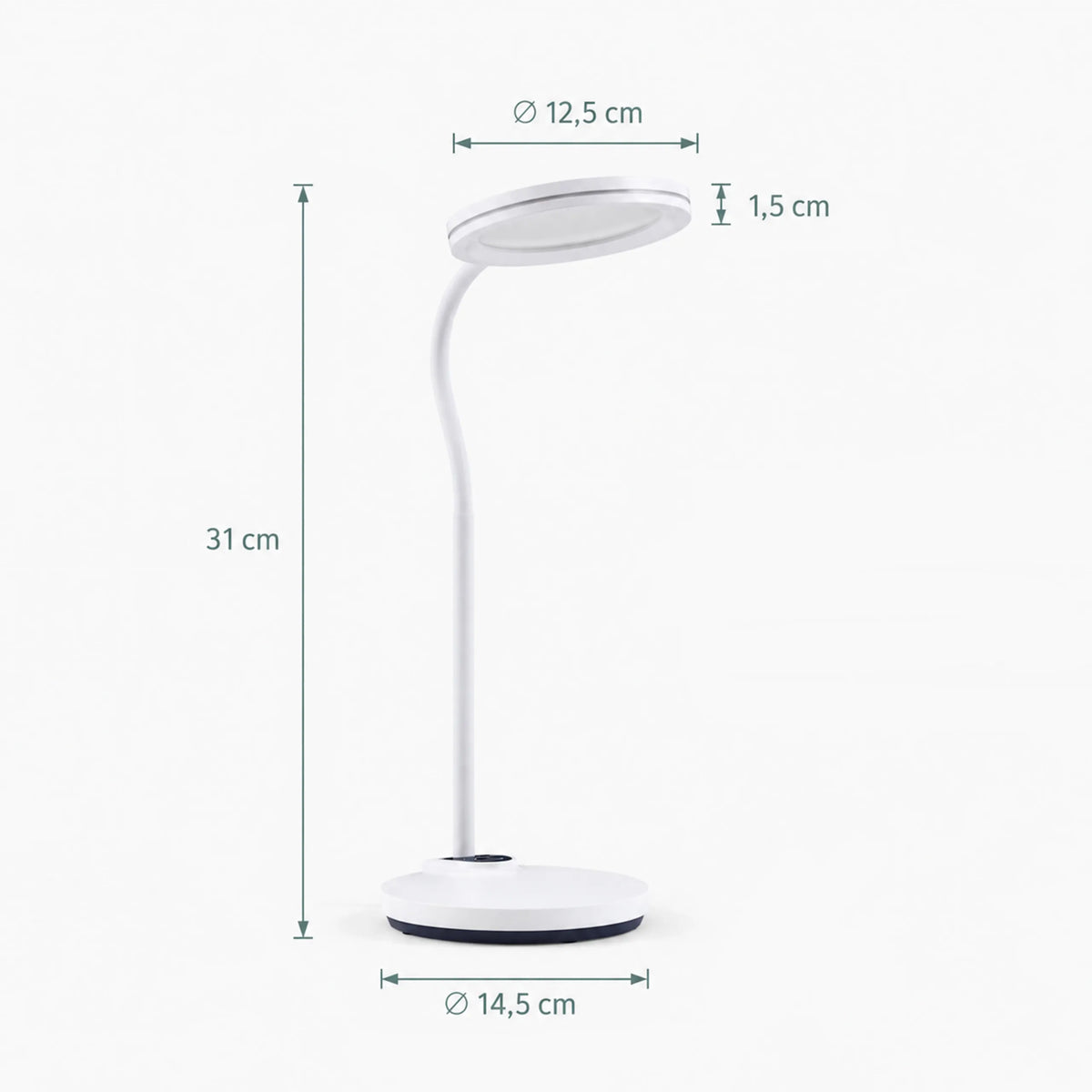 Maßzeichnung der Schreibtischlampe Lumanova D5 mit einer Höhe von 31 cm und einem Fußdurchmesser von 14,5 cm von hjh OFFICE