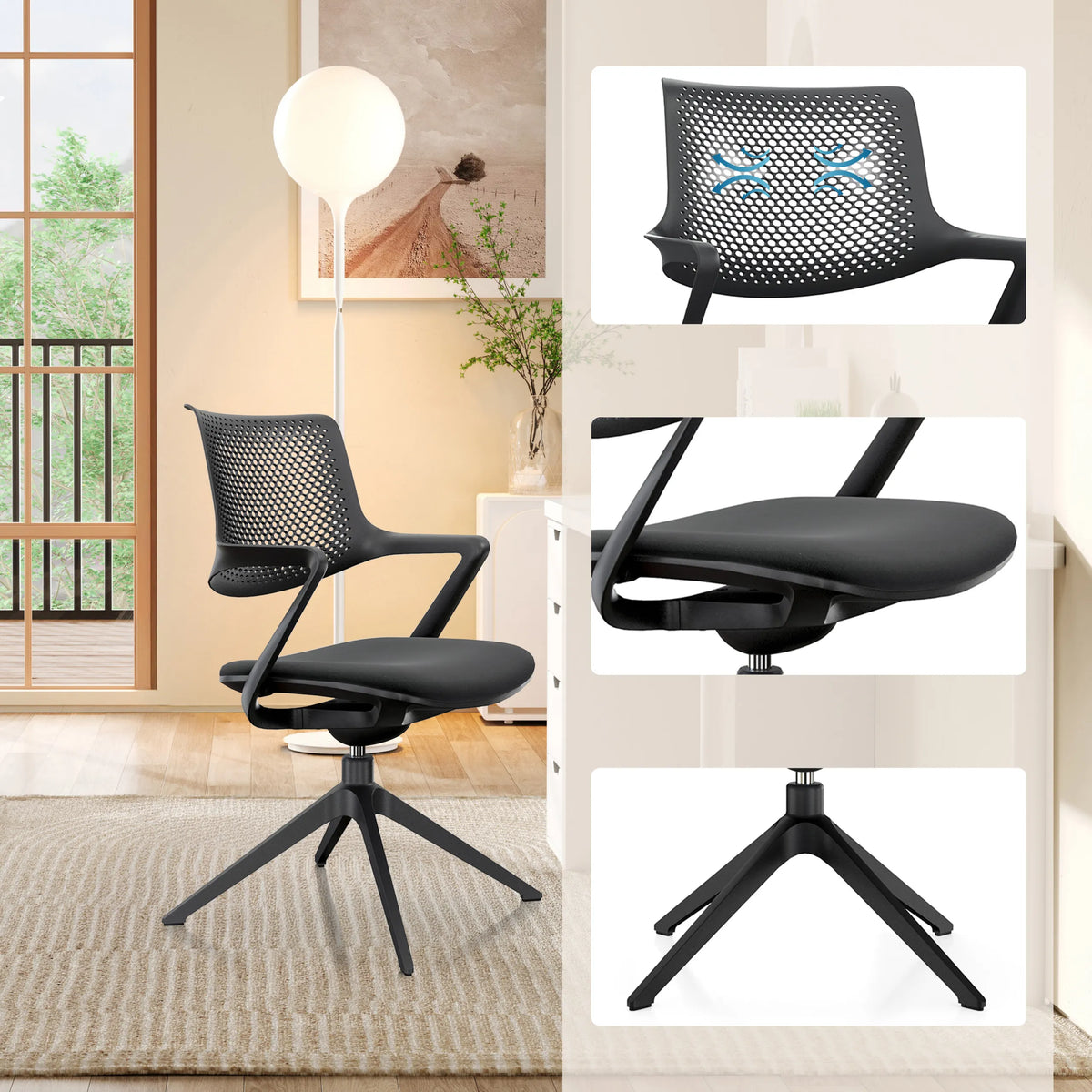 Besucherstuhl FLEX CHAIR V in Schwarz mit Netzrückenlehne, Sitzfläche und viersternförmigem Fußkreuz von Bosen Europe