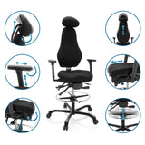 Verstellbare Funktionen des Counterstuhls RESISTIO WORK mit Kopfstütze, Armlehnen und Fußring von hjh OFFICE
