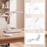 Weiße Schreibtischlampe Lumanova D6 mit flexiblem Hals und Netzkabel von hjh OFFICE (KI-generiertes Bild)