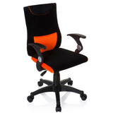 Schwarz-orangefarbener Kinderdrehstuhl KIDDY PRO AL mit Lendenkissen und Fußkreuz mit fünf Rollen von hjh OFFICE – 360-Grad-Ansicht (schräge Frontansicht 40°)