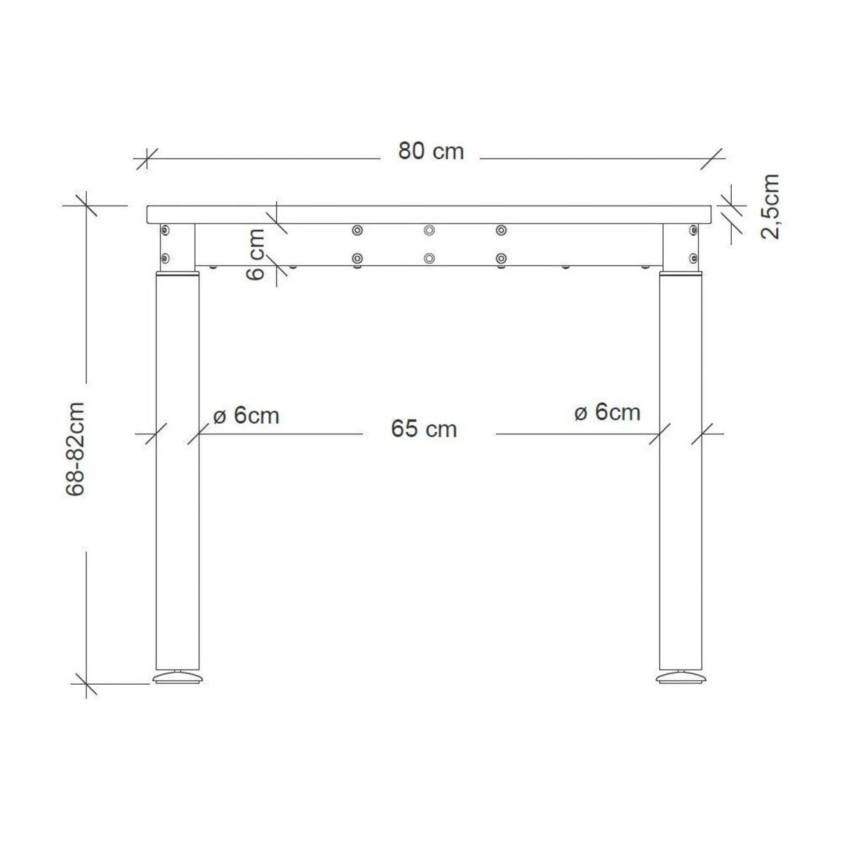 Maßzeichnung des Schreibtischs YAMA 8 G mit einer Breite von 80 cm und einer Höhe von 68-82 cm von hjh OFFICE PRO