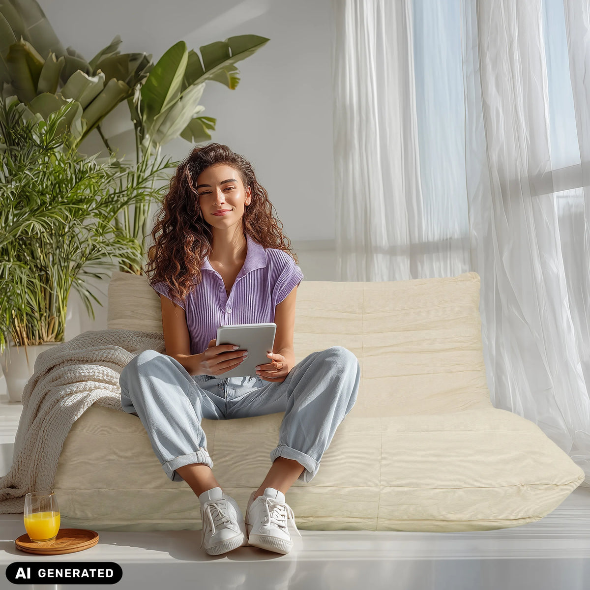 Beiger Loungesessel Sitzolo 2 mit einer Person von hjh LIVING (KI-generiertes Bild)