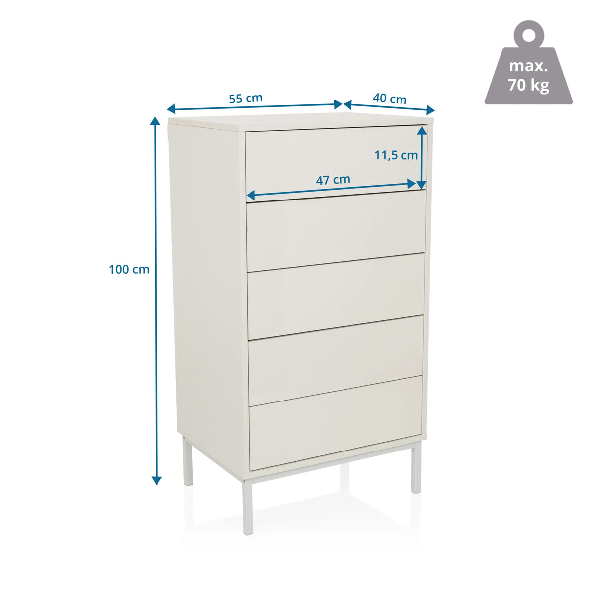 Maßzeichnung der Kommode BJORDAL mit einer Höhe von 100 cm und Breite von 55 cm von hjh LIVING