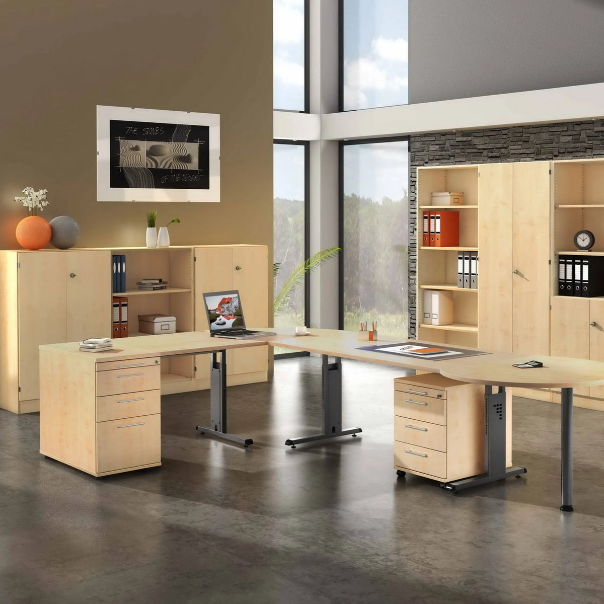 Höhenverstellbarer Schreibtisch MEGA 18 G in Ahorn und Graphit mit Rollcontainer und Sideboard von hjh OFFICE PRO
