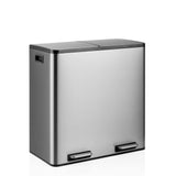 Silberner Mülleimer Clean 13 S mit zwei Fächern und Trettpedalen von hjh OFFICE – 360-Grad-Ansicht (schräge Frontansicht 30°)